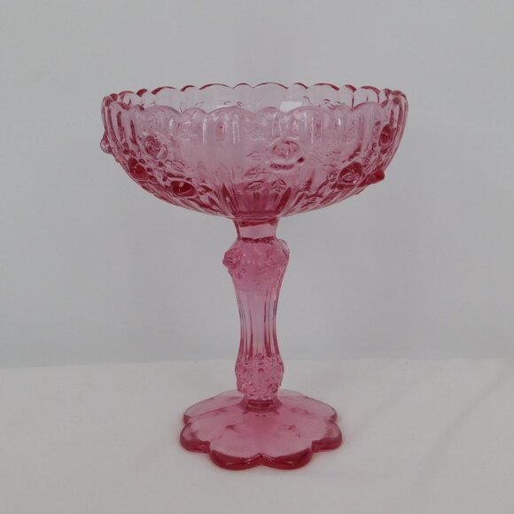 Fenton Rose Colonial Pink Round Compote Pressed Glass 7.5" tall Stem VINTAGE - Picture 4 of 12
